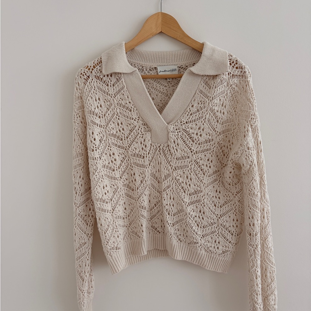 Open-Knit Collared V-Neck Sweater in Cream